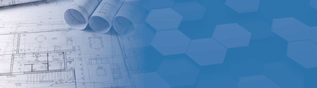 Compound image with blueprints and colored hexagons
